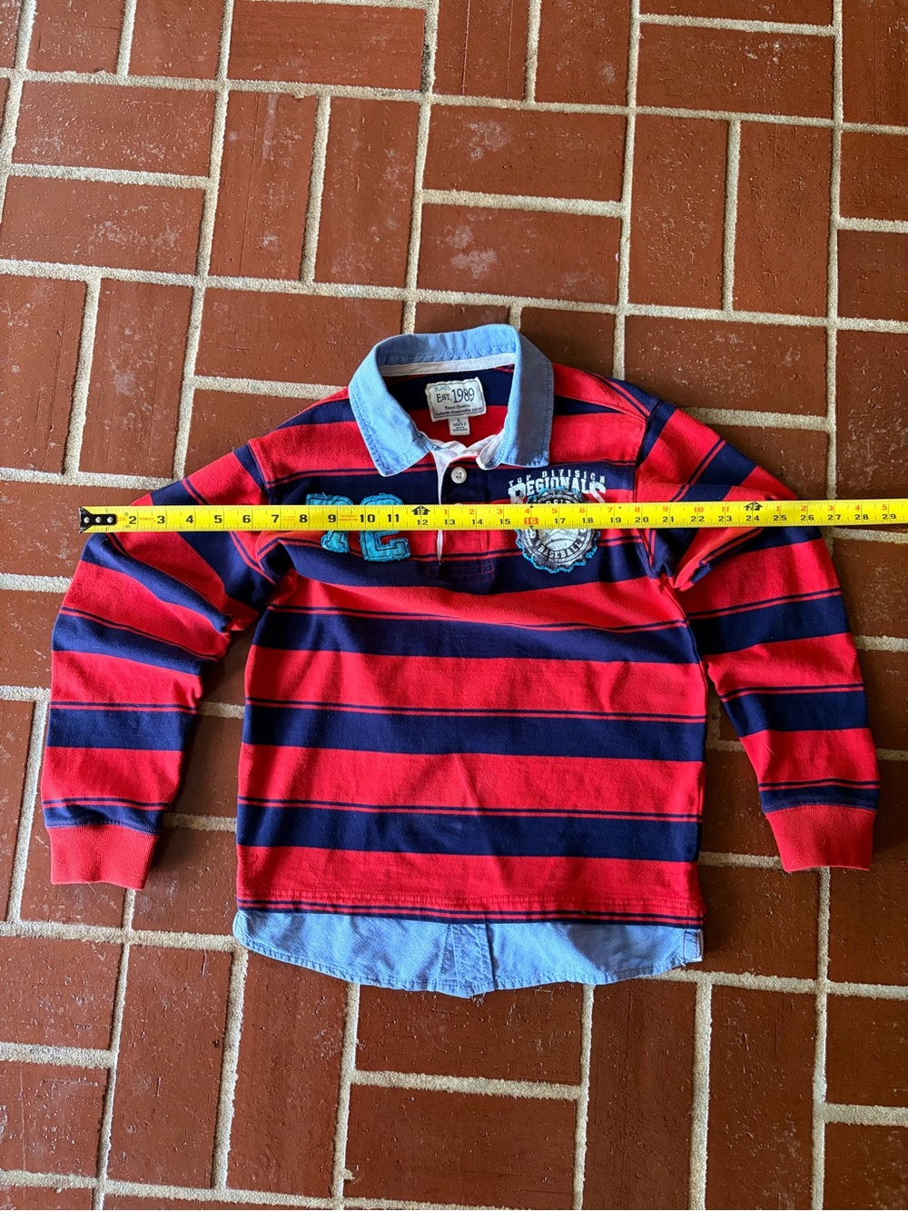 Kids Long-Sleeve Red & Navy Striped Polo with Chambray Collar